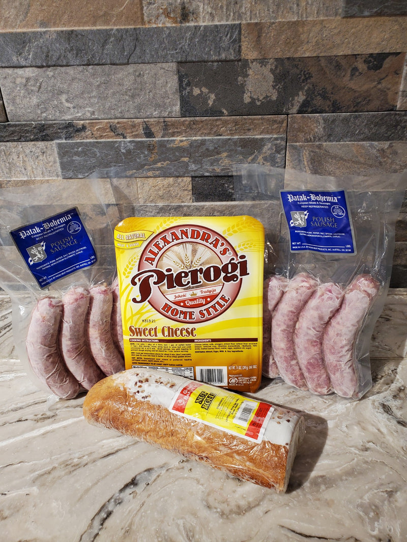 Polish Sausage Meal with Sweet Cheese Pierogi and Choice of Poppy Seed or Nut Roll
